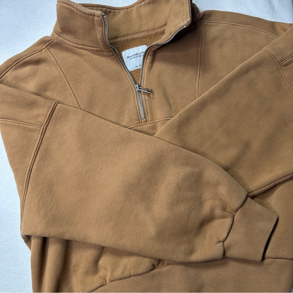 Abercrombie & Fitch Soft AF Cropped Quarter Zip Pullover Sweater - Camel Tan - Picture 7 of 9
